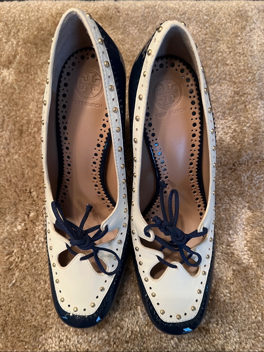Tory Burch Navy and Cream Leather Studded Ballet Flats